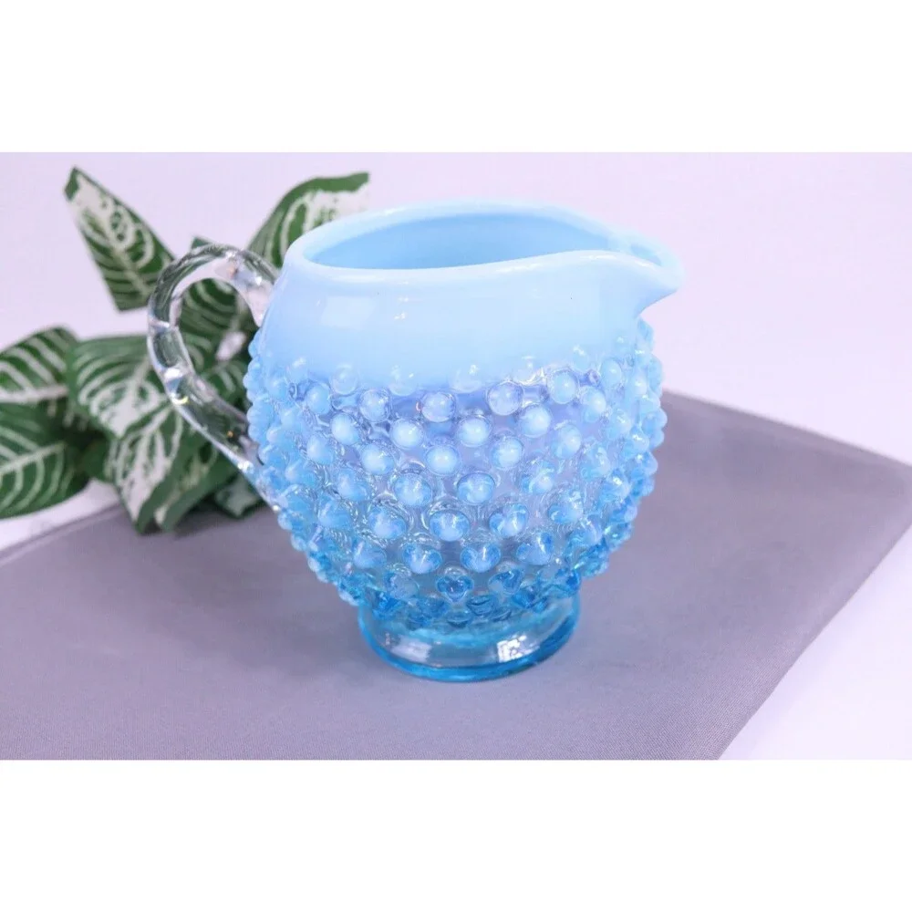 Fenton Hobnail Glass Aqua Blue Opalescent Squat Jug Small Pitcher 5
